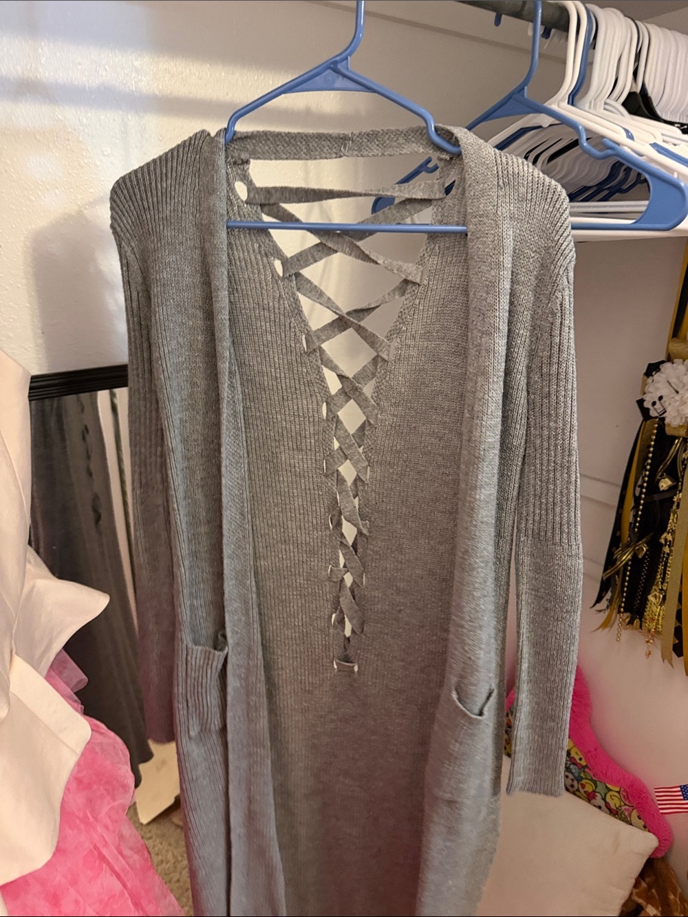 Grey Lace-Up Long Ribbed Women's Sweater Cardigan